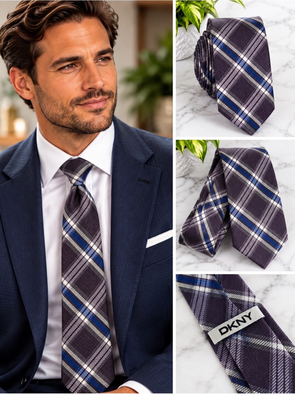 DKNY - Purple, Blue, & White Plaid Men's Neck Tie